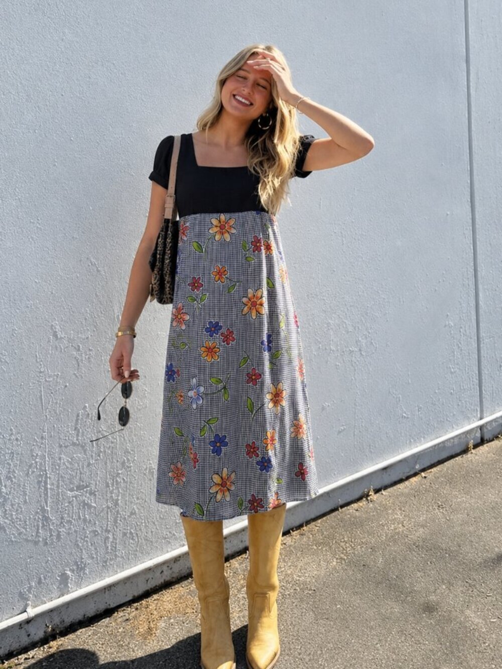 90's Babydoll Midi Dress Size Medium Empire Waist Boho Floral Plaid Print
